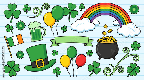 Vibrant St. Patrick's Day illustration featuring shamrocks, leprechaun hat, pot of gold, rainbow, coins, balloons, and festive banners for Irish celebration decor