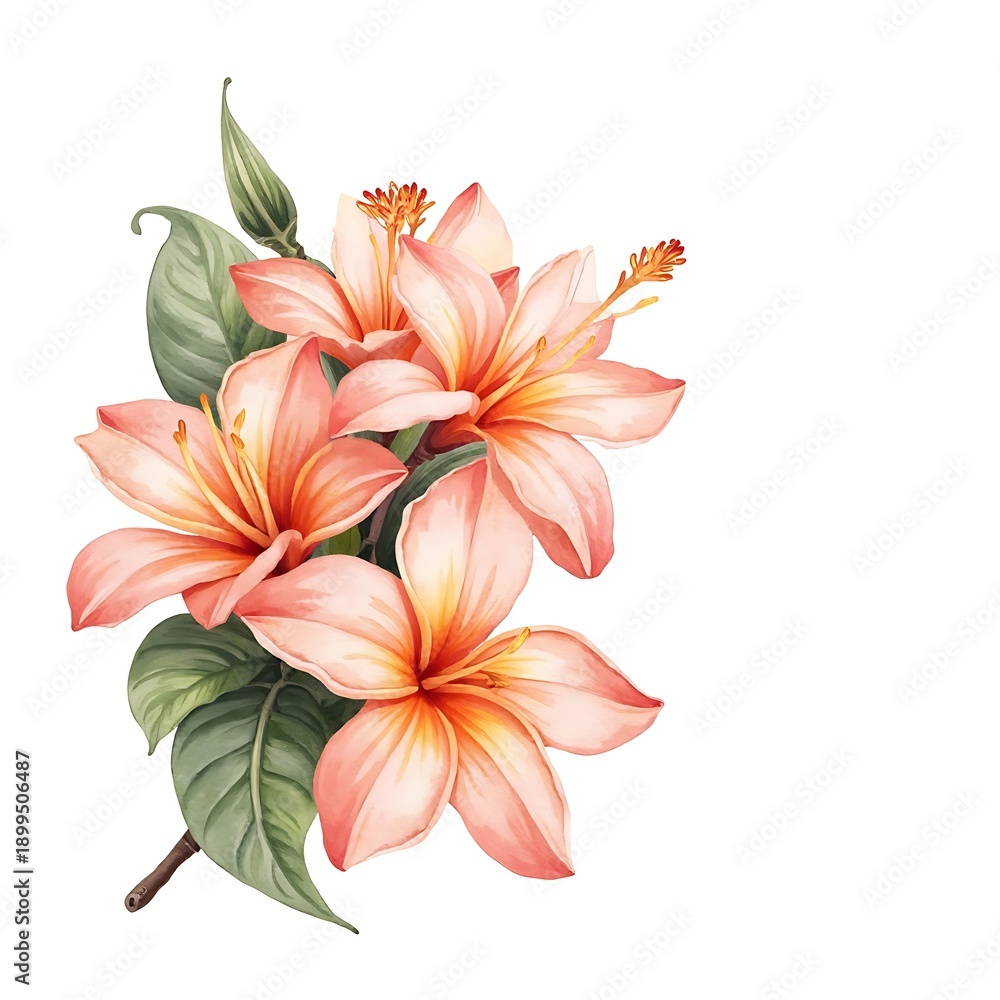 Fototapeta premium Vibrant Peach Hibiscus Bouquet with Large Green Leaves