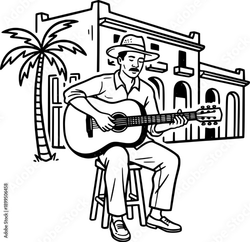 Man playing acoustic guitar line art illustration. Musician sitting on stool with Latin American background. Vector sketch isolated on transparent background