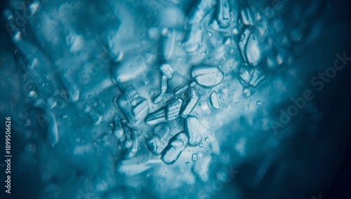 Close-up of Ice Crystals in a Blue Background With Water Droplets Present