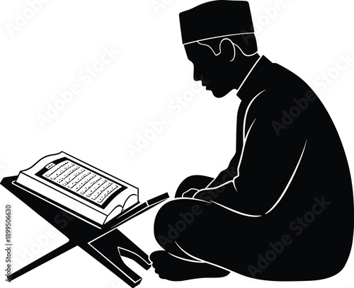 Muslim man reading Quran silhouette seated on prayer mat with holy book stand isolated white background islamic worship concept