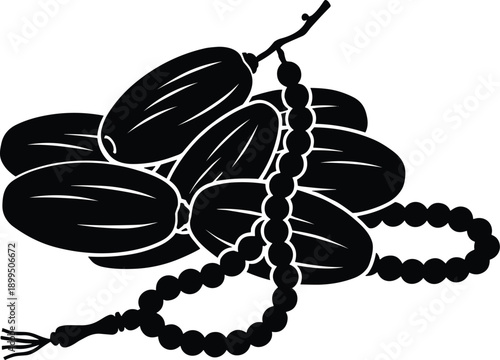 Black silhouette illustration of dates fruit with prayer beads representing Ramadan fasting, Islamic tradition, spiritual devotion, religious symbolism concept