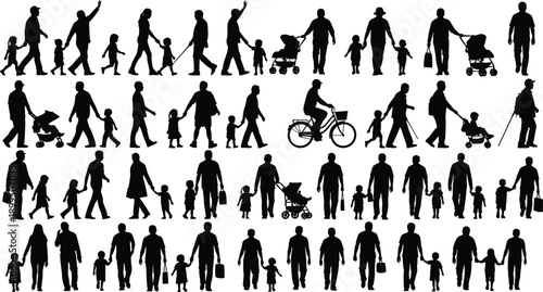 Family walking silhouettes showing parents with children and stroller in everyday life isolated on white background parenting concept