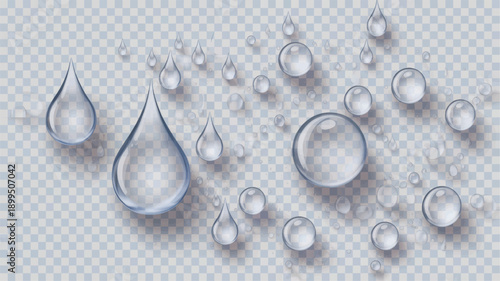 Water Droplets Transparent Clear Glassy Raindrops on Checkered Background for Refreshing Design