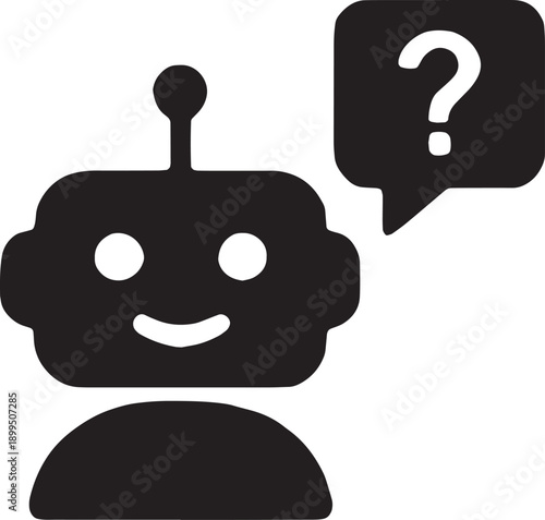 Robot head icon with a question mark speech bubble, representing virtual assistants, chatbots, and automated support agents, designed in a clean black vector format