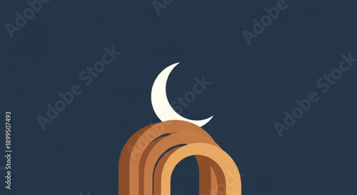 Crescent Moon over Archway at Night, Minimalist Illustration, Dark Blue Background