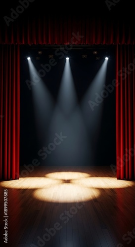 Dramatic stage with spotlights shining down on empty circular platforms every mounth during performances