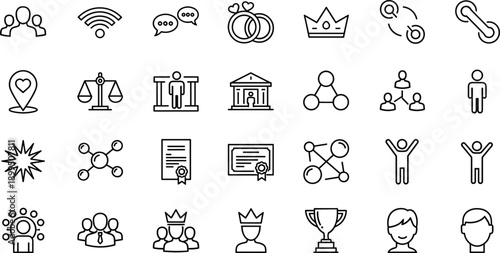 Social network icons, communication, relationships, leadership, community, business, law, education, success, connection, symbols, people, interaction, outline, flat, vector, set, collection