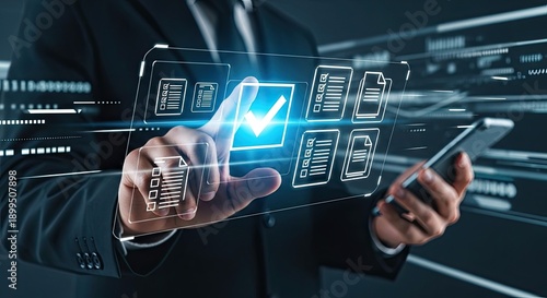 Wallpaper Mural Businessman Interacting with Digital Document Management System on Virtual Screen. Torontodigital.ca