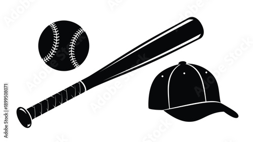 baseball equipment including a bat ball and cap in a striking silhouette
