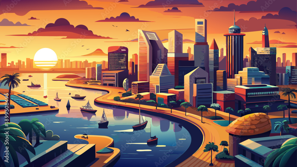 Fototapeta premium Very beautiful aerial sunset view of Lagos waterfront, highlighting glowing city buildings, reflective waters, busy roads, and warm golden light defining Nigeria’s vibrant coastal metropolis.
