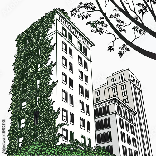 Urban building adorned with creeping vines and ivy in a monochromatic sketch style