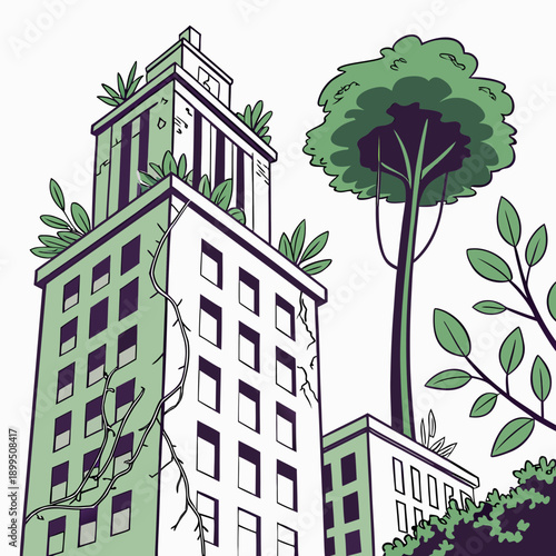 Urban greenery growing atop a modern city building with a unique architectural design.