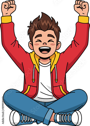 Happy cartoon boy raising fists in celebration illustration, joyful child success moment, victory emotion, positive motivation happiness concept