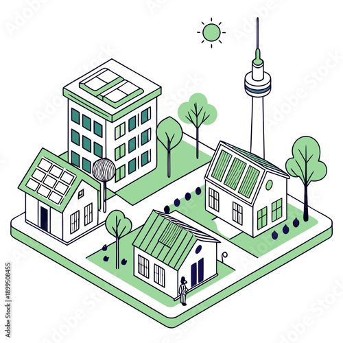 Aerial view of a modern urban neighborhood with residential buildings and green spaces