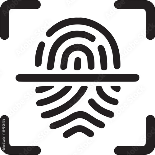 Fingerprint icon inside a scanning bracket, representing biometric authentication, touch id, and secure access control, designed in a clean black vector format