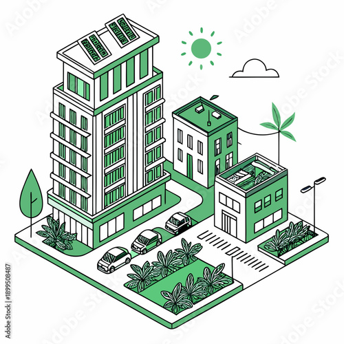 Urban development with modern buildings and green spaces in a cityscape illustration