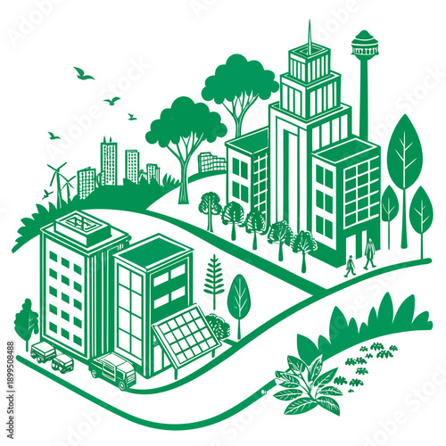 Modern urban development harmonizing with nature and greenery