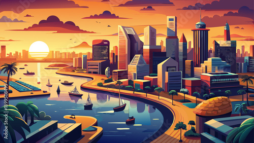 Very beautiful aerial sunset view of Lagos waterfront, highlighting glowing city buildings, reflective waters, busy roads, and warm golden light defining Nigeria’s vibrant coastal metropolis.