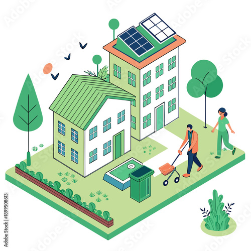 Modern eco-friendly home with renewable energy sources and sustainable living features