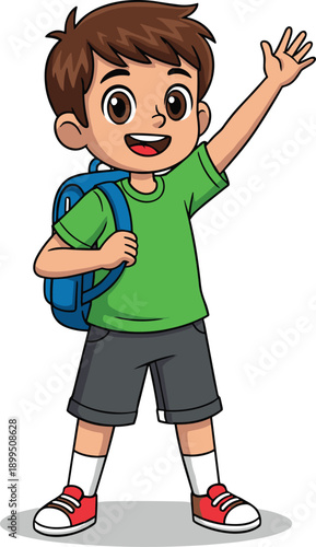 Happy cartoon schoolboy waving hand with backpack isolated on white background for education, greeting, childhood, learning illustration design concept art