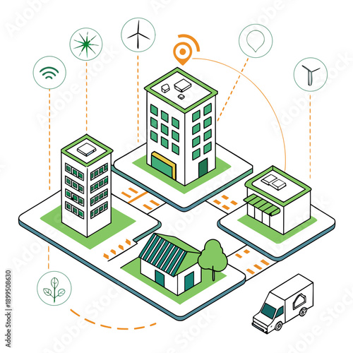 Modern smart city infrastructure connecting residential buildings with technology and services