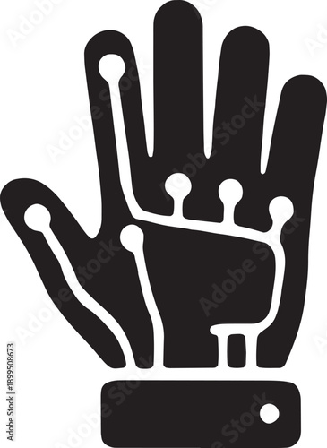 Glove icon with sensor nodes and lines, representing haptic feedback, vr controllers, and wearable technology, designed as a bold black vector graphic