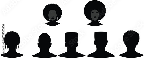 Black silhouettes of people with different hairstyles and hoop earrings afro