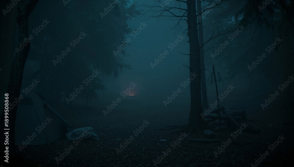 Fototapeta premium Misty Forest Scene at Night With a Small Fire in the Distance and a Tent Nearby