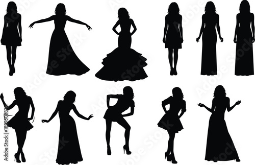 Black silhouettes of women in various poses and dresses on white background