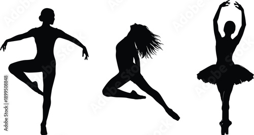 Three black silhouettes of ballet dancers in various poses white background