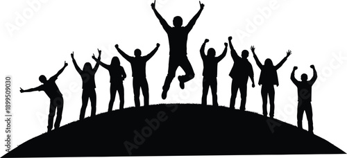 Group of people celebrating success silhouette, joyful team jumping together on hill, achievement teamwork concept vector illustration