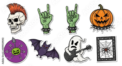Vibrant Halloween and Punk Rock Cartoon Sticker Pack Collection