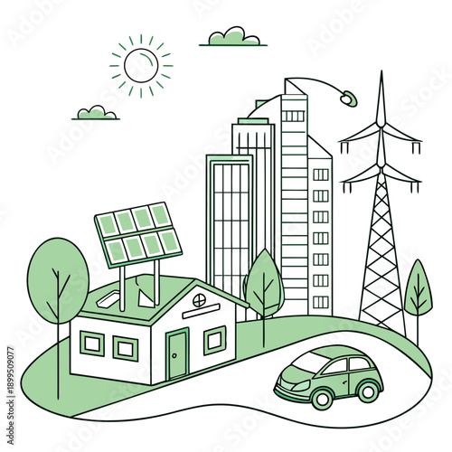 Modern cityscape showcasing sustainable urban living with green energy sources