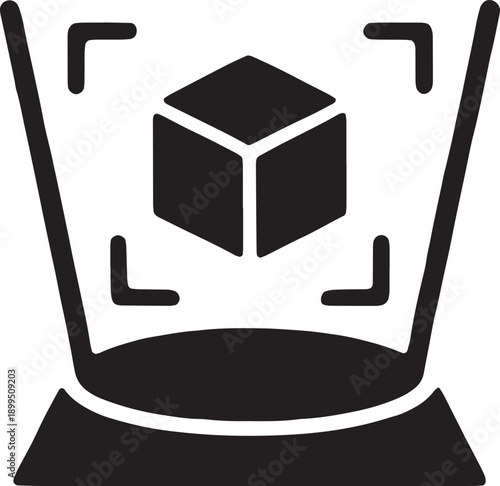 Cube floating above a projector base, representing 3d holograms, futuristic display, and volumetric imaging, designed as a bold black vector graphic