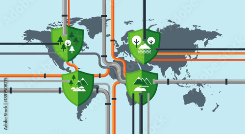 Environmental protection concept with green shields and pipes on world map