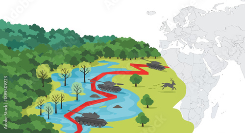 Military tanks in forest river landscape with red path