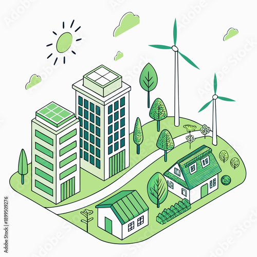 Sustainable cityscape featuring green energy and eco-friendly urban living