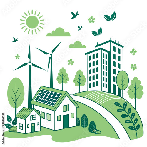 A vibrant illustration of a sustainable and eco-friendly urban community with renewable energy sources