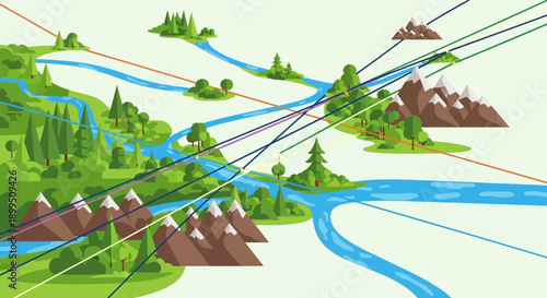 Mountain landscape with winding rivers and colorful lines