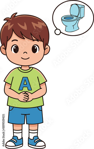 Little boy needs to use the toilet, child thinking about bathroom