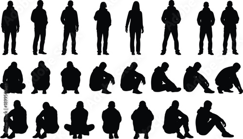 Black silhouettes of people in various poses white background standing