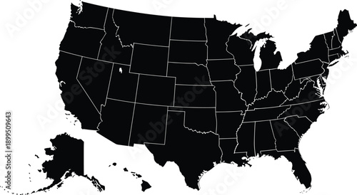 United States map silhouette with state borders, USA geographic outline including Alaska and Hawaii, black vector illustration isolated