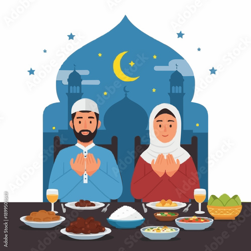 Family praying before breaking fasting