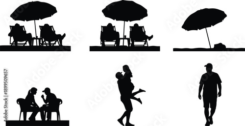 Black silhouettes of people under beach umbrellas and socializing