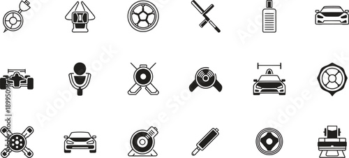Black and white icons of various car parts and tools