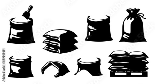 Set of Industrial Sacks and Flour Bags Silhouettes for Storage and Agriculture
