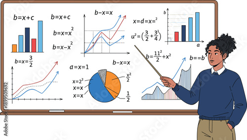 Math teacher explaining charts illustration, data analysis graphs on board, education statistics concept, classroom learning, cartoon style