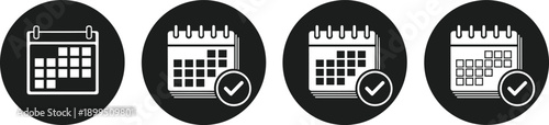 Calendar icon set with checkmark for schedule planning, appointment reminder, date management, business events, cad drawing flat vector illustration, organizer