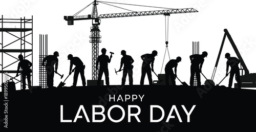 Happy Labor Day celebration banner with construction workers silhouette, industrial crane, scaffolding, building site, cad drawing flat vector illustration, professional workforce